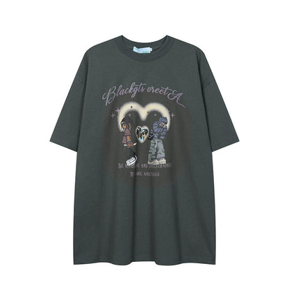 After Prom Shirt Women's Love T-shirt Retro Cartoon Printed Cotton Short Sleeve Men's Loose Ins