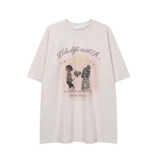 After Prom Shirt Women's Love T-shirt Retro Cartoon Printed Cotton Short Sleeve Men's Loose Ins