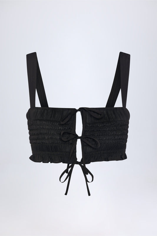 Ruffled Tie-Front Crop Top in Black
